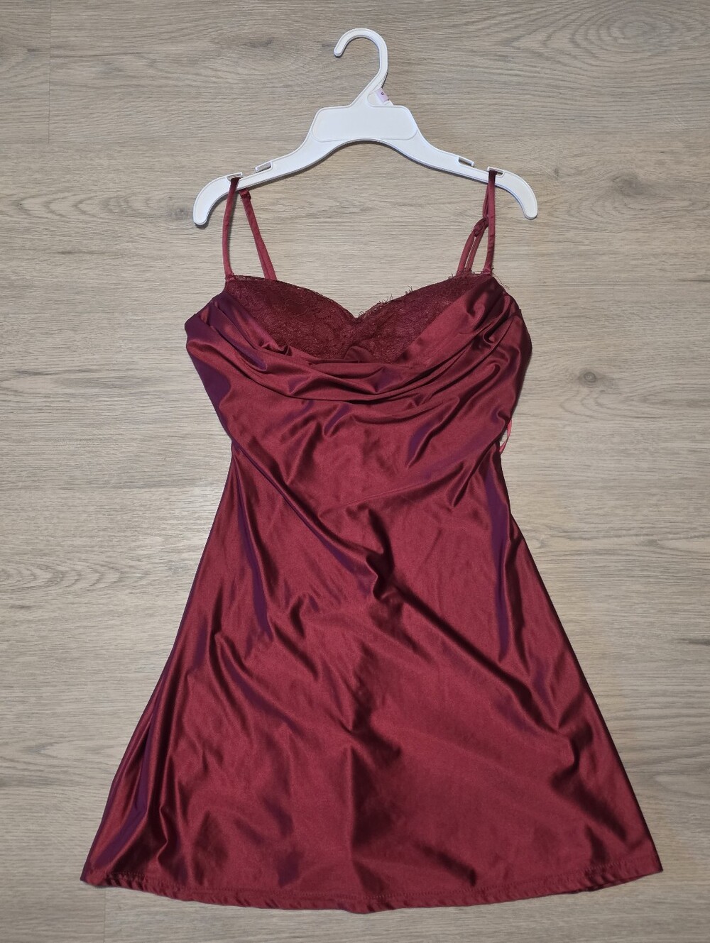Windsor Burgundy Satin Lace Cowl Neck Mini Dress